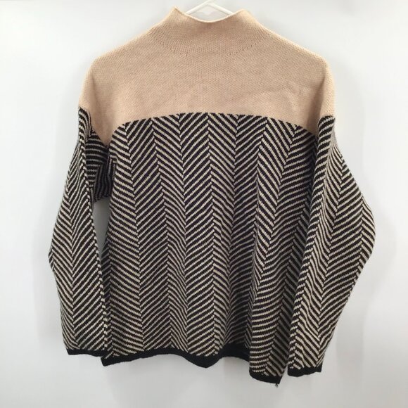 Women's M Herringbone Mock Neck Sweater Cotton Blend Black & Tan Colorblock - Picture 1 of 10